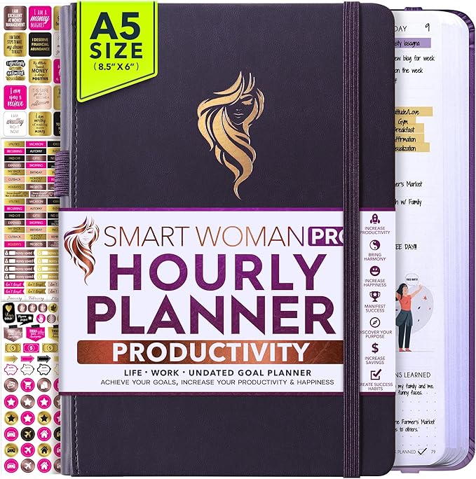 Hourly Planner - Undated Daily, Weekly & Monthly Planner with Budget Section | A 12 Month Journey to Increase Productivity & Happiness | Life Organizer & Gratitude Journal - Vertical Format-DeskLoop Office