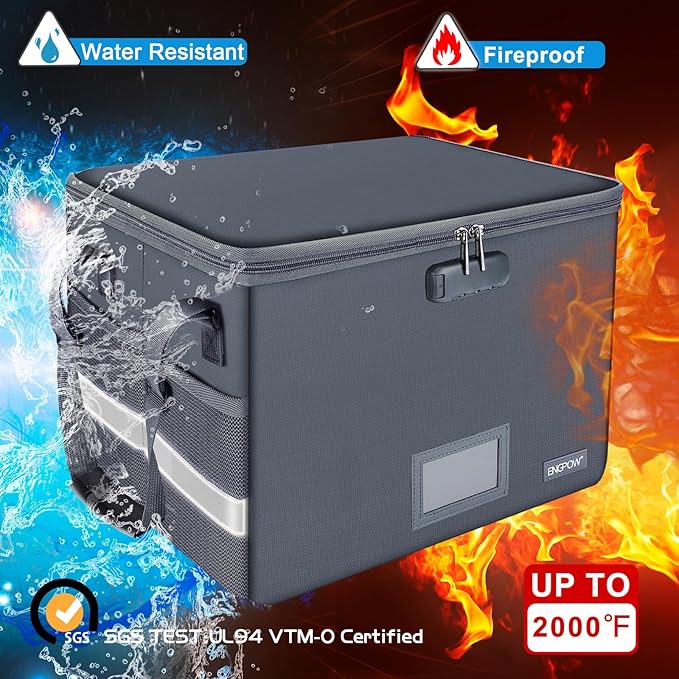 ENGPOW File Box with Lock, Fireproof Document Box with Zipper Lid, Collapsible File Organizer Storage Filing Cabinet with Handle, Portable Home Office Safe for Hanging Letter/Legal Folders, Grey-DeskLoop Office