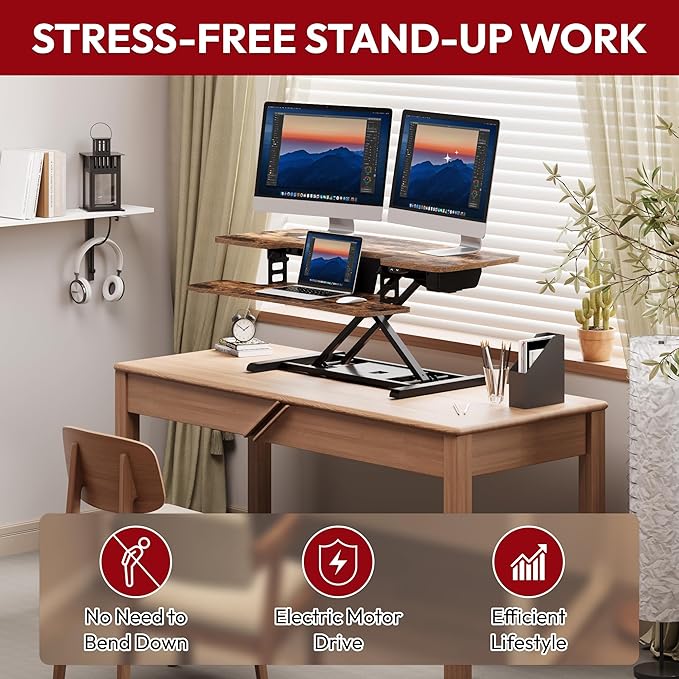 SANODESK Standing Desk Converter with Electric Motor 42" Height Adjustable Riser for Office Home,Dual Monitor and Laptop Workstation with Large Keyboard Tray,Rustic Color-DeskLoop Office