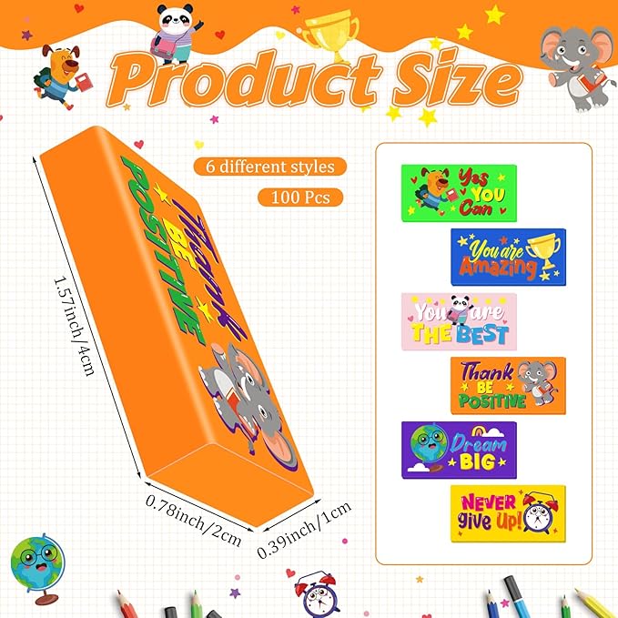 Cinrobiye 100 PCS Inspirational Pencil Erasers Bulk Motivational Cute Eraser Back to School Favor Goody Bag Filler Gifts for Students Classroom Office Teacher Prizes Reward School Supplies (Cute100)-DeskLoop Office