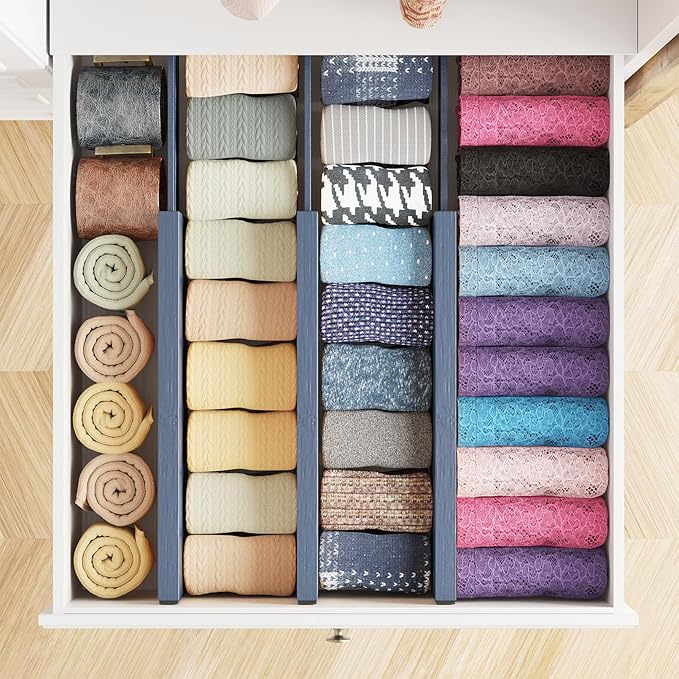 SpaceAid Bamboo Dresser Drawer Dividers 6 Pack, 4.65“ High Adjustable 12.5“-17” Drawer Organizers, Expandable Organization for Clothing, Clothes, Dressers, Navy Blue-DeskLoop Office