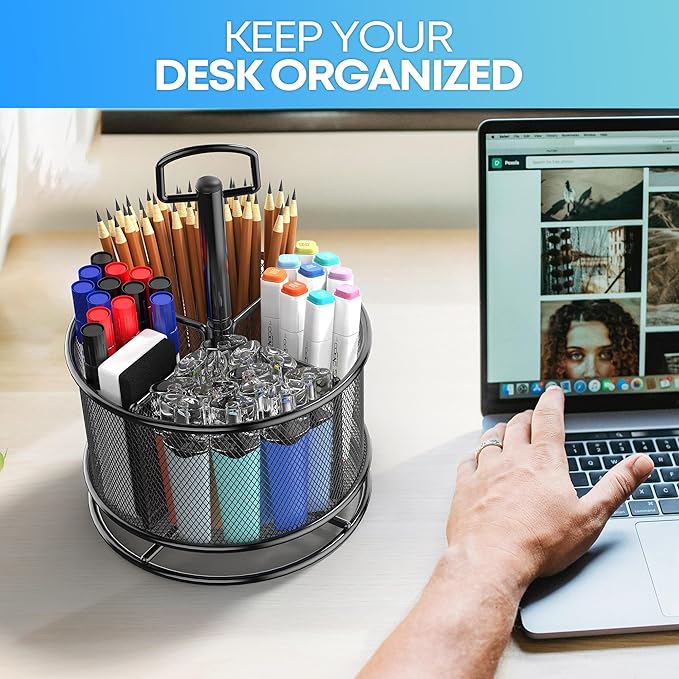 360-Degree Rotating Pen Holder for Desk, Mesh Pencil Organizer Multi-Functional Pen Holder, 4 Compartments Desktop Stationary Organizer, Home Office Black-DeskLoop Office