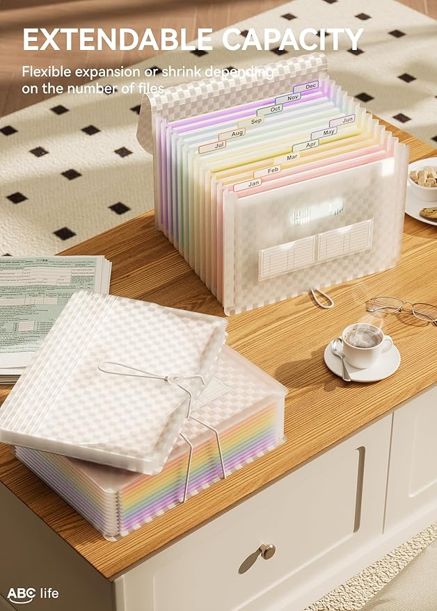 ABC life 12 Pockets Accordion File Organizer Expanding File Folders, Portable Monthly Bill Receipt Document Organizer, Expandable Accordian Filing Folder Letter A4 Size, Colored Tabs (Pink)-DeskLoop Office