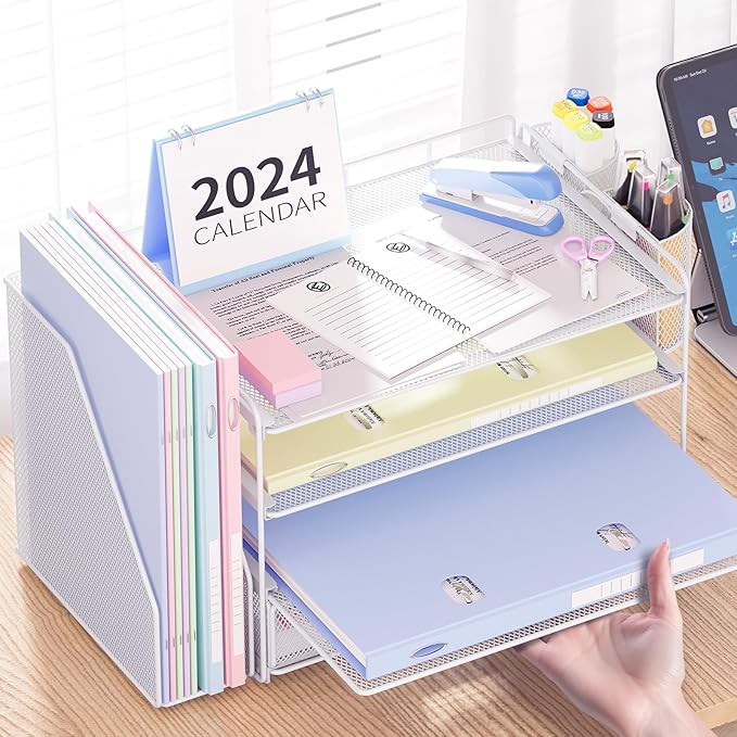 Desk Organizer and Accessories, 4-Tier Desktop File Organizer with Drawer and 2 Pen Holders, Office Desk Accessories for Office Supplies(White)-DeskLoop Office