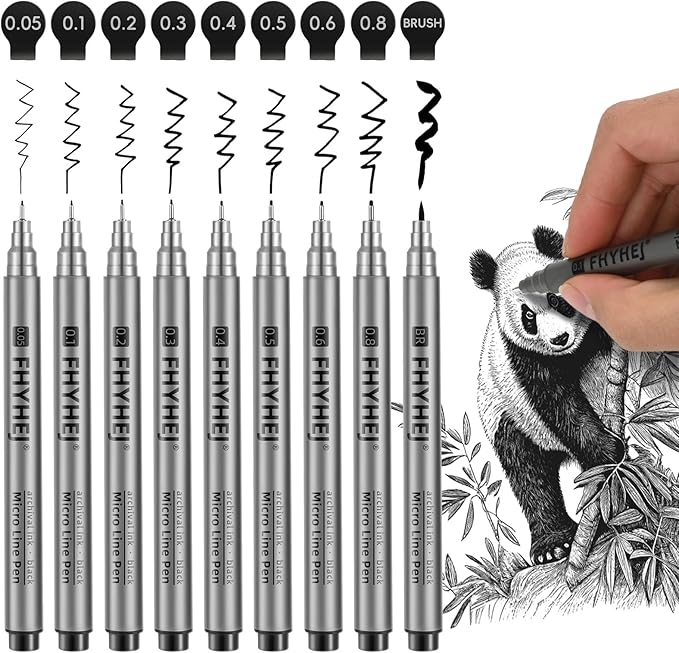 Micro Fineliner Drawing Art Pens: 9 Black Fine Line Ink Set Artist Supplies Archival Inking Markers Liner Professional Sketch Outline Anime Sketching Artist Illustration Watercolor-DeskLoop Office