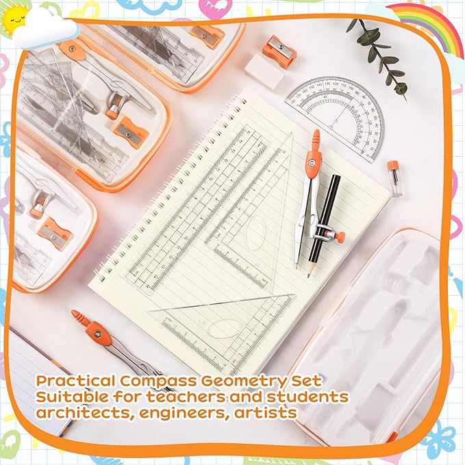 Teling 12 Sets Math Geometry Kit for Students 10 Pcs Compass Geometry Tools Set Includes Rulers Protractor Compass Eraser Pencil Sharpener Lead Refills Pencil (Orange)-DeskLoop Office