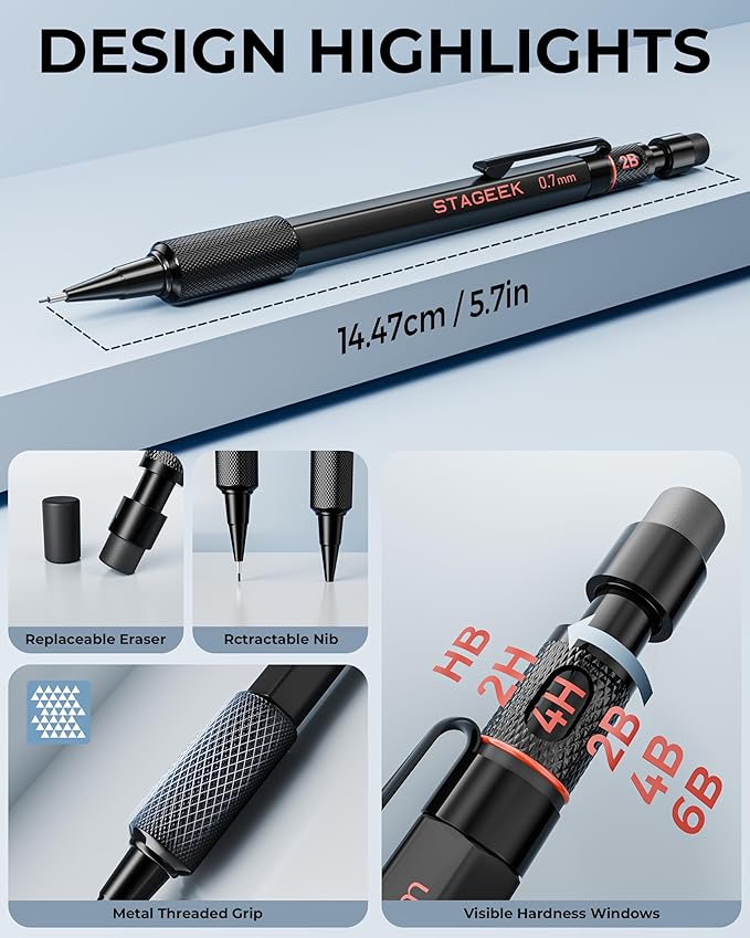 Mechanical Pencils 0.7mm with Case, Metal Weatherproof Body Outdoor Artist Mechanical Pencil with 120 PCS HB & 2B Lead Refills, Eraser, for Writing Drafting Drawing and Sketching-DeskLoop Office