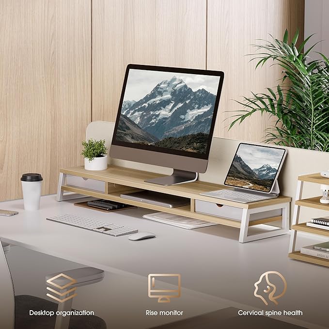 Fenge Dual Monitor Stand, Monitor Riser with Drawer, 42.5 Inch Large Computer Monitor Stand for 2 Monitors, 2 Tier Wooden Desk Shelf for Top of Desk-DeskLoop Office