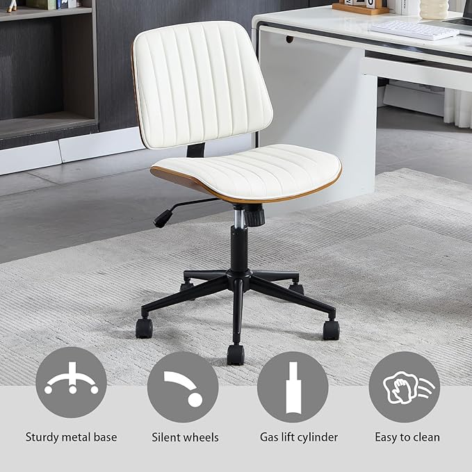 Small Home Office Chair - Armless Mid Back Desk Chair with 360° Swivel and Wheels, PU Upholstered Height Adjustable Modern Walnut Computer Chair for Home, Office Meeting Room - Black-DeskLoop Office