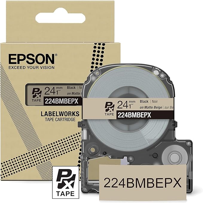 Epson LABELWORKS 224BMBEPX Genuine PET (Polyester) Tape Cartridge - Black on Matte Beige Designer Craft Label Maker Tape - 1" (24MM) Wide, 26'-DeskLoop Office
