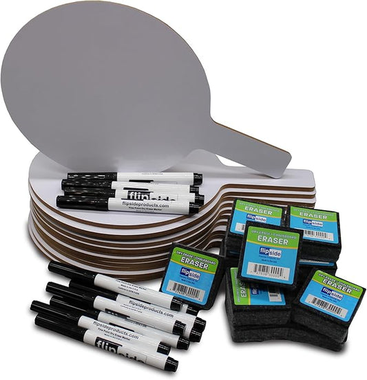 Flipside Products Oval Dry Erase Answer Paddles w/Black Dry Erase Marker and Erasers, Auction, Handheld Whiteboard, Handle Response Board, 36 Pieces, Set of 12-DeskLoop Office
