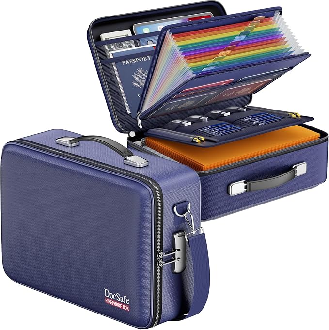 DocSafe Fireproof Document Box with Lock, Hard Case File Organizer with Accordion File Folder, Fireproof Water Resistant Safe Box Home Office Travel Storage for Important Documents Laptop Blue-DeskLoop Office