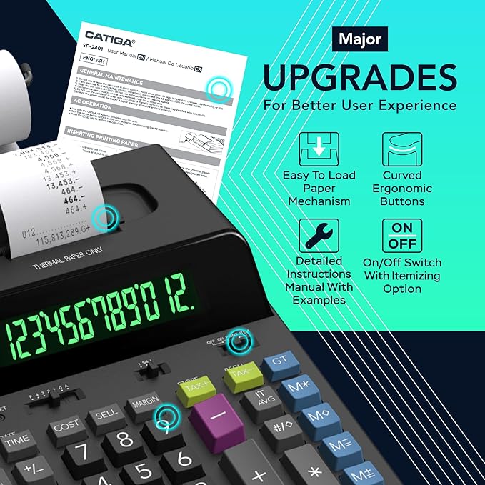 CATIGA 12 Digit Thermal Printing Calculator with Tape Print Out, Ink-Free Adding Machine, 5X Faster Quite at 8.0 LPS, Extra Large Fluorescent Display, Tax Calculation with Clock and Calendar, SP-2401-DeskLoop Office