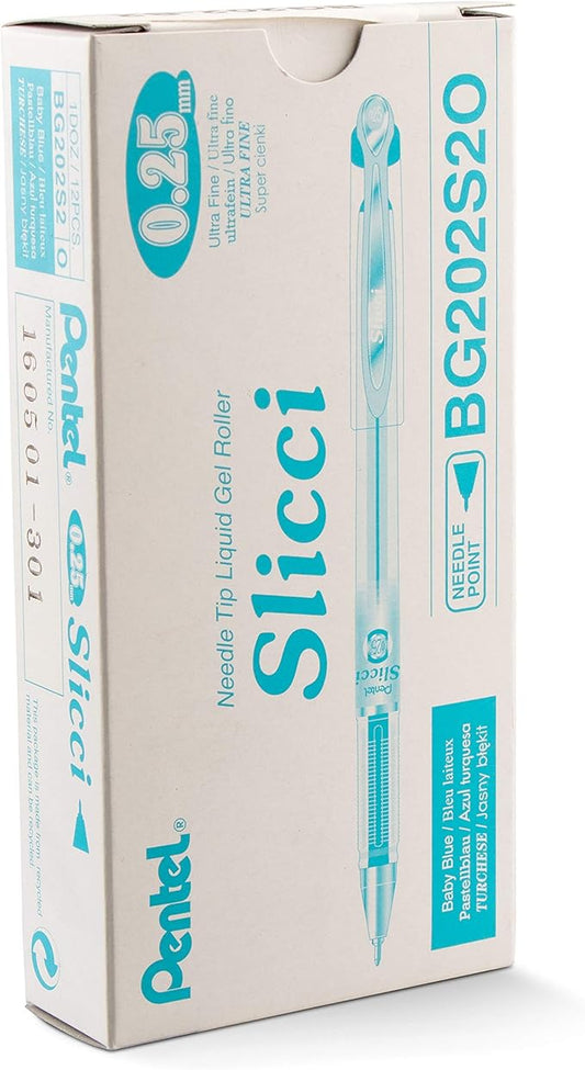Pentel Arts Slicci 0.25 mm Extra Fine Gel Pen, Baby Blue Ink, Box of 12 (BG202-S2)-DeskLoop Office