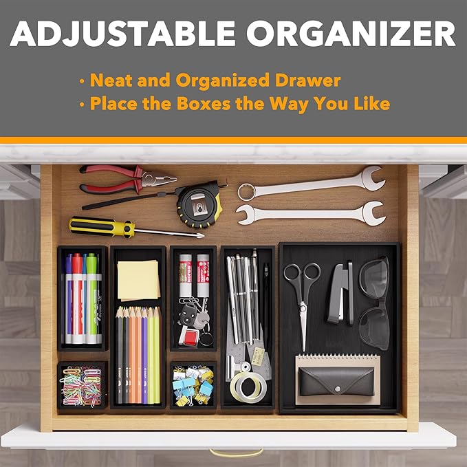 SpaceAid 7-Piece Bamboo Drawer Organizer Storage Boxes Set, Wood Tray Junk Drawer Organizers Multi-Use Divider Bins for Kitchen, Bathroom, Office Desk and Makeup Organization (7 Pack, Black)-DeskLoop Office