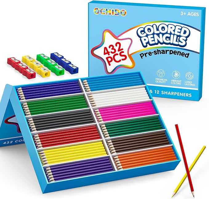 OCHIDO 432 Count Colored Pencils Bulk, Pre-sharpened Colored Pencils for Kids in 12 Bright Colors, Color Pencil Set with 12 Sharpeners, Back to School Supplies Classroom Essentials for Teachers-DeskLoop Office