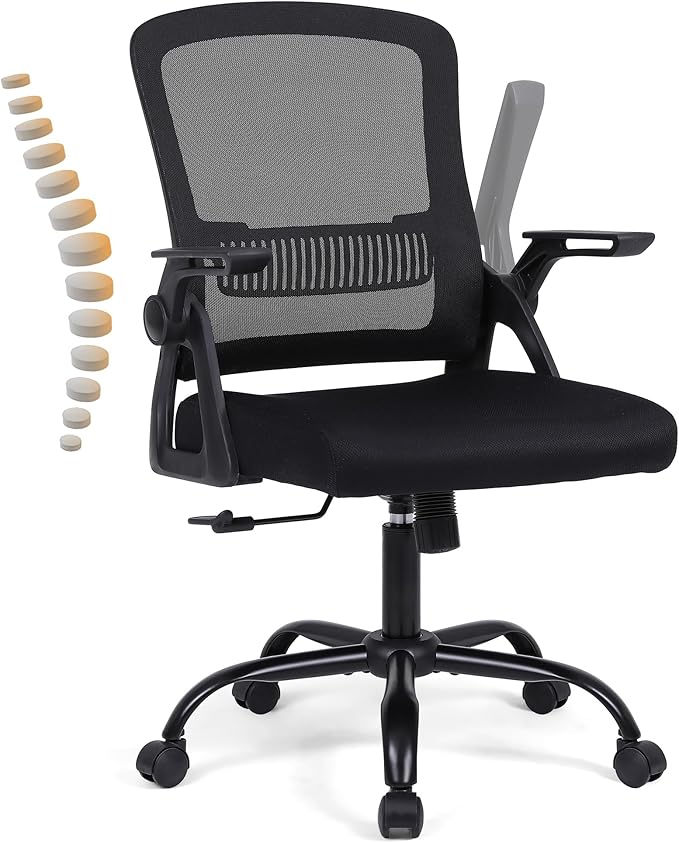 Office Chair, Ergonomic Desk Chair with Lumbar Support, Breathable Mesh Chair with Flip-up Armrests and Mid Back, Comfy Task Computer Height Adjustable Swivel Chair (1, Black)-DeskLoop Office
