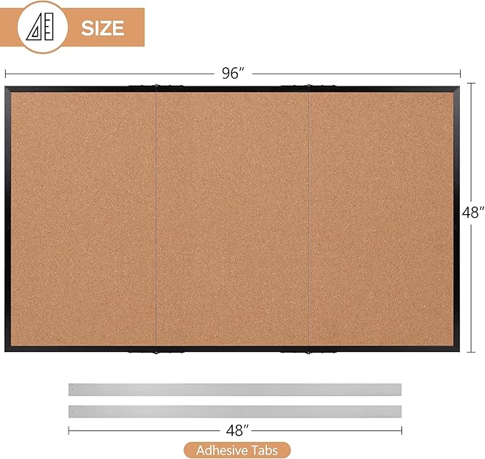 Board2by Extra Large Cork Bulletin Board 96" X 48", Foldable Notice Pin Board for Wall, Black Woodm Framed 8'x4' Corkboard, Wall Mounted Noticeboard with 32 Push Pins for School, Home & Office-DeskLoop Office