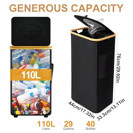 MinBoo Recycling Bin for Kitchen 29Gallon, 110L Recycle Bin with 2 Removeable and Reusable Inner Bag, Large Recycling bin with lid for Bottle Can Plastics Stickers (Black)-DeskLoop Office