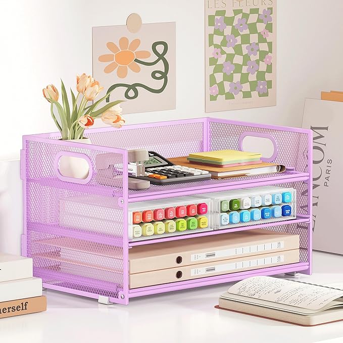 Subekyu 3 Tier Letter Tray Paper Organizer with Handle and 1 PC Sliding Tray, Purple Metal Mesh Desk File Folder Paper Sorter Organizer for Home Office School Desk Supplies Organization Storage-DeskLoop Office
