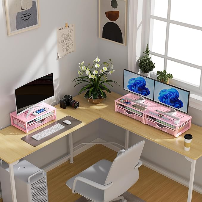 gianotter Computer Monitor Stand Riser, office organizer with Drawer, Office Organizers Storage for Classroom Office Supplies (Pink)-DeskLoop Office