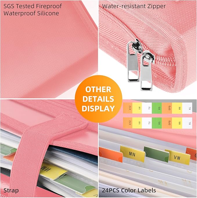 JUNDUN Accordion File Organizer - Fireproof Accordion Folder with Zipper & Labels - 12 Pocket Expanding File Folder with Multi-Pockets Paper Organizer Folder for Letter A4 Files and More (Pink)-DeskLoop Office