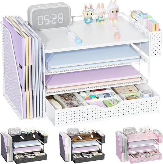 Wood Desk Organizers and Accessories with File Holder, 4-Tier Desk Accessories & Workspace Organizers with Drawer and Pen Holder, Paper Organizer for Office Supplies (White)-DeskLoop Office
