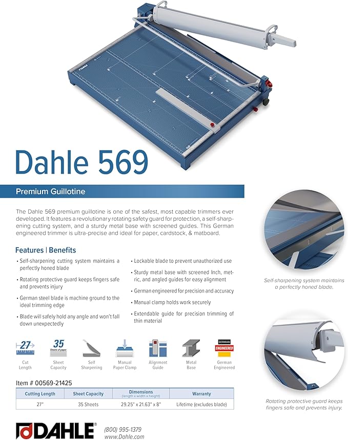 Dahle 569 Premium Guillotine Trimmer, 27" Cut Length, 35 Sheet Capacity, Self-Sharpening Blade, Manual Clamp, w/Safety Guard-DeskLoop Office