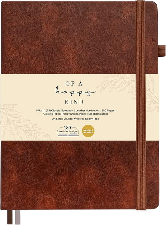 Classic Lined Journal Notebook 8.5x11" A4 Hardcover Leather - Brown - 200 Pages College Ruled Large with Sticky Tabs, Pockets, and Pen Loop for Writing and Journaling - Big Hardback Men and Women-DeskLoop Office