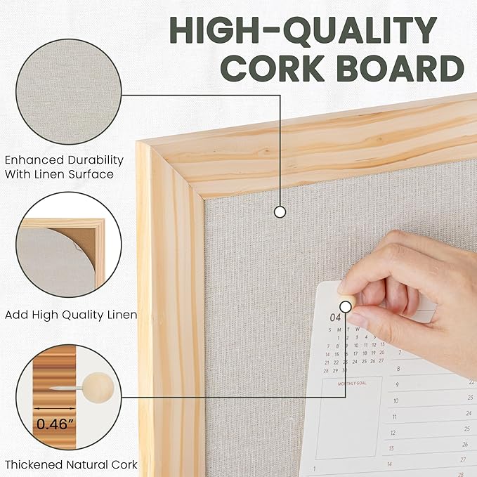 Bulletin Board Cork Board with Linen, 100% Wood Framed 30" x 20" Bulletin Board Decorations, Pin Boards for Walls, Wall Mounted Fabric Picture Board with 10 Pushpins for School, Home & Office, Natural-DeskLoop Office