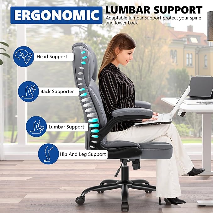 PU Leather Executive Office Chair, Ergonomic High-Back Computer & Gaming Chair with Adjustable Height, Rolling Swivel & Flip-Up Armrests, Comfy Padded Seat for Home Office-Gray-DeskLoop Office