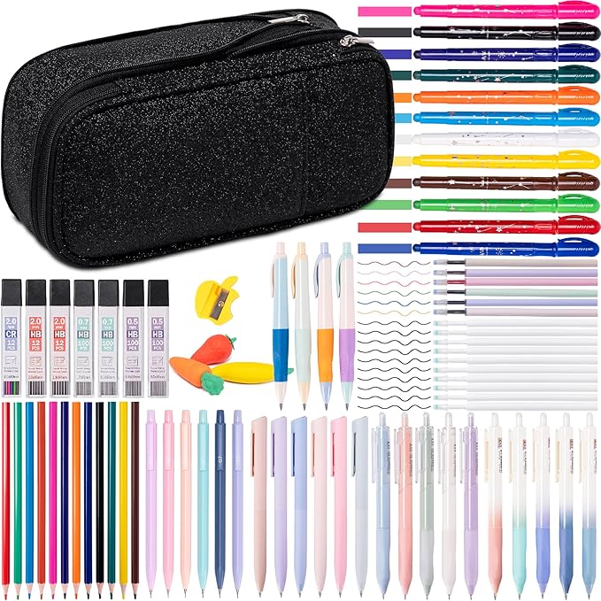 Professional 78PCS Drafting & Writing Kit For Boys Kids, Students School Supplies, 12 Highlighters, 16 Pens, 10 Mechanical Pencils 0.5 0.7 2.0mm, Includes 452 Lead & Gel Refills, Black Pencils Case-DeskLoop Office
