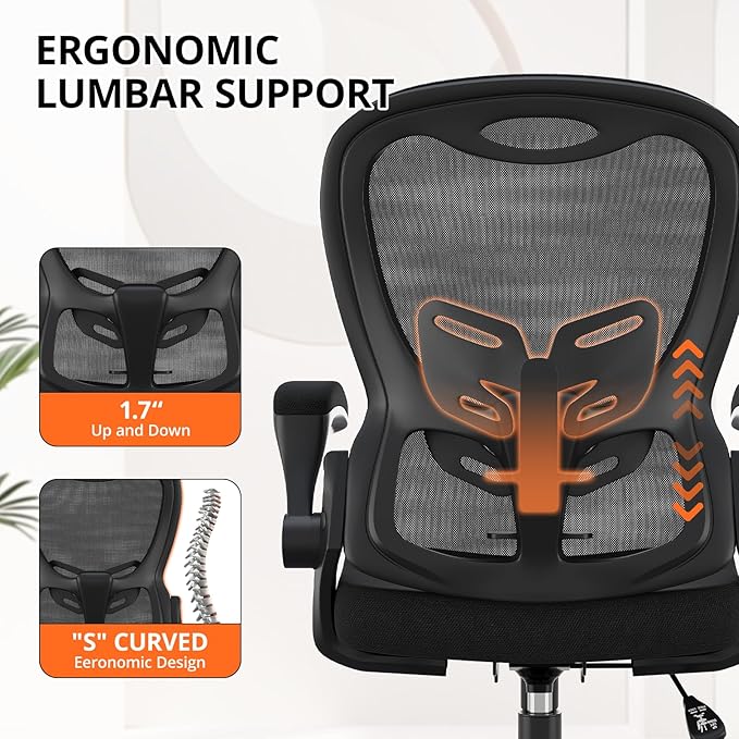 Office Chair, Ergonomic Desk Chair Breathable Mesh Chair with Adjustable High Back Lumbar Support Flip-up Armrests, Long Hours Comfortable Computer Chair for Home Office, Black-DeskLoop Office
