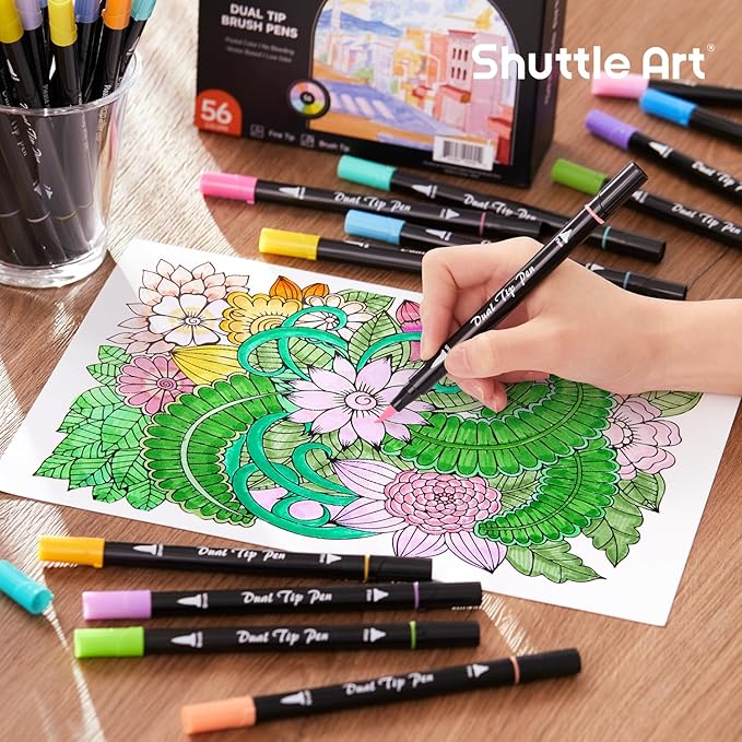 Shuttle Art Pastel Brush Pens, 56 Pastel Colouring Pens, Dual Tip Brush Markers with Fineliner Tip, Drawing Felt Tip Pens for Adults Colouring Books, Painting Sketching Calligraphy and Journaling-DeskLoop Office