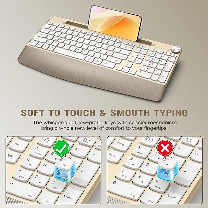 Ergonomic Wireless Keyboard and Mouse with Wrist Rest,Phone Holder - 2.4GHz Full-Sized Low-Profile Quiet Gold Wireless Mouse and Keyboard Combo for Computer, Laptop, PC, Mac-Gold