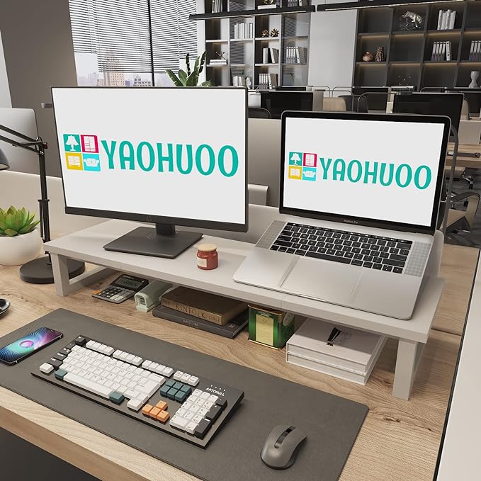 Dual Monitor Stand Riser, 39Inch Large Monitor Stands for 2 Monitors, Computer Monitor Stand, Wooden Desktop Oraganizer Shelf for Office Desk Computer,Laptop,TV-DeskLoop Office