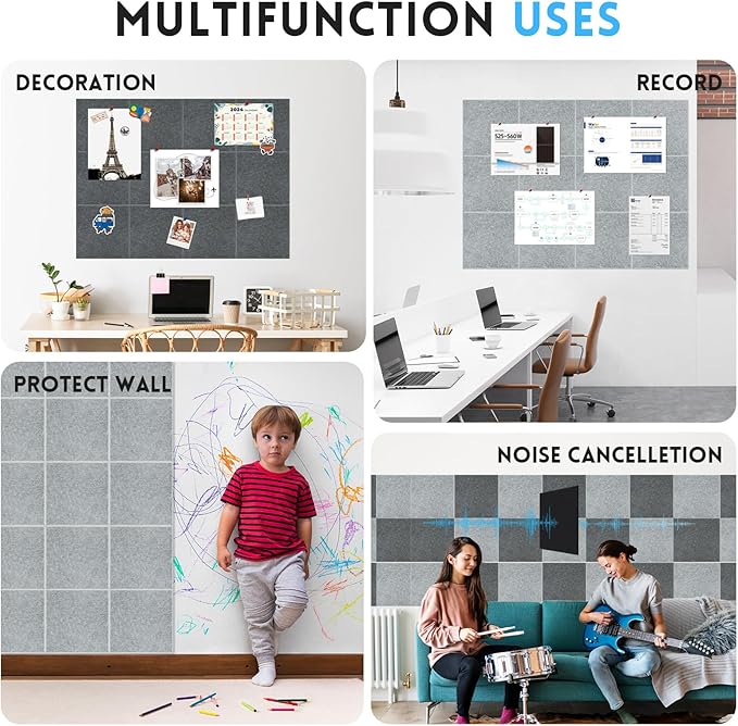 Large Cork Bulletin Board for Wall 48"x36", 12 Pack Felt Wall Tiles with 80 Pushpins, 60 Safe Removable Adhesive Tabs, Decorative Pin Board Tack Board for Office Home School, Light Blue