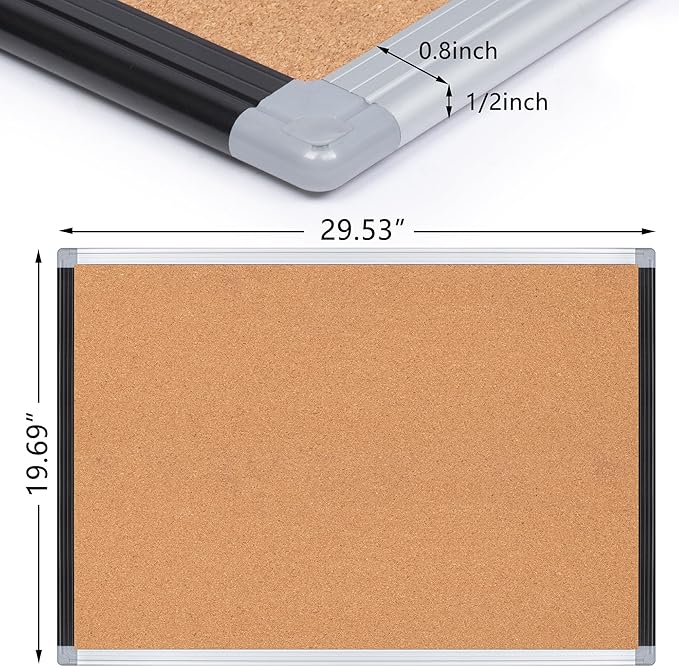 Board2by Cork Board Bulletin Board 20" x 30", Black/Silver Aluminium Framed Corkboard, Office Board for Wall Decor, Large Wall Mounted Notice Pin Board with 18 Push Pins for School, Home & Office-DeskLoop Office
