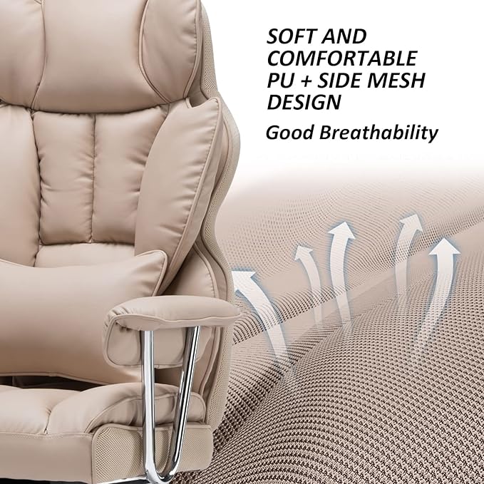 Efomao Big and Tall Office Chair 400lbs – PU Leather Executive Office Chair with Lumbar Support & Leg Rest, Heavy-Duty Computer Chair for Home Office, Dark Beige-DeskLoop Office