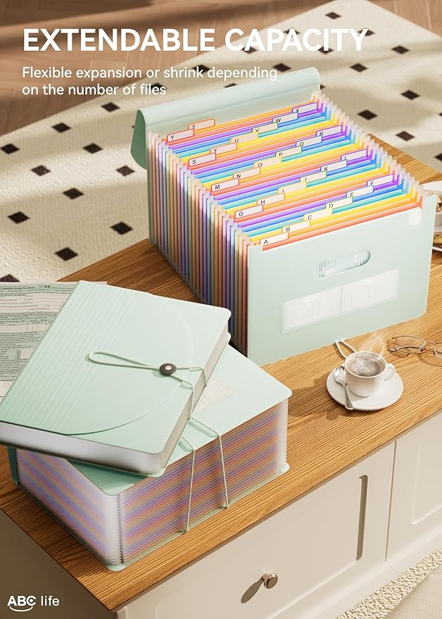 ABC life 26 Pockets Accordian File Organizer Expanding File Folders, Portable Letter A4 Size Filing Box,Plastic Monthly Receipt Document Organizer with Colored Tabs (Sage Green)-DeskLoop Office