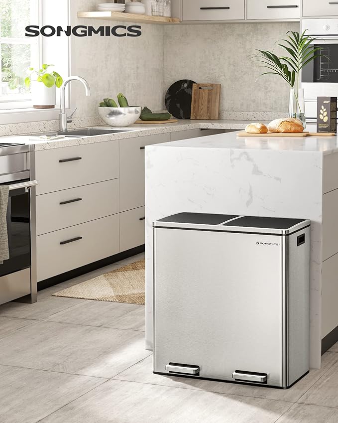 SONGMICS Trash Can, 2 x 8 Gallon (2 x 30 L) Garbage Can for Kitchen, with 15 Trash Bags, 2 Compartments, Plastic Inner Buckets and Hinged Lids, Airtight, Silver and Black ULTB60NL-DeskLoop Office