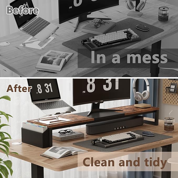 LAND·VOI Dual Monitor Stand Riser,41.5'' Long Monitor Stand for 2 Monitors, Wood Computer Riser with Pocket, Desktop Oraganizer with Pen Holder, Monitor Riser for Desk Computer,Laptop,TV, Rustic Brown-DeskLoop Office