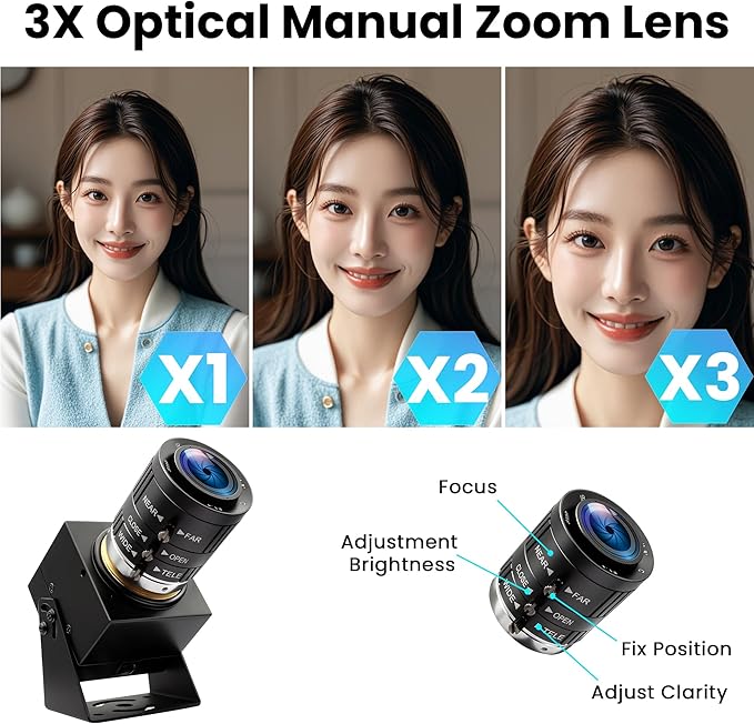 USB Camera 120fps High Speed Webcam Golf Swing 4K 12Megapixels USB Cam with 3X Manual Optical Zoom Lens Lightburn PC Computer Plug and Play for Linux Windows Mac OS-DeskLoop Office