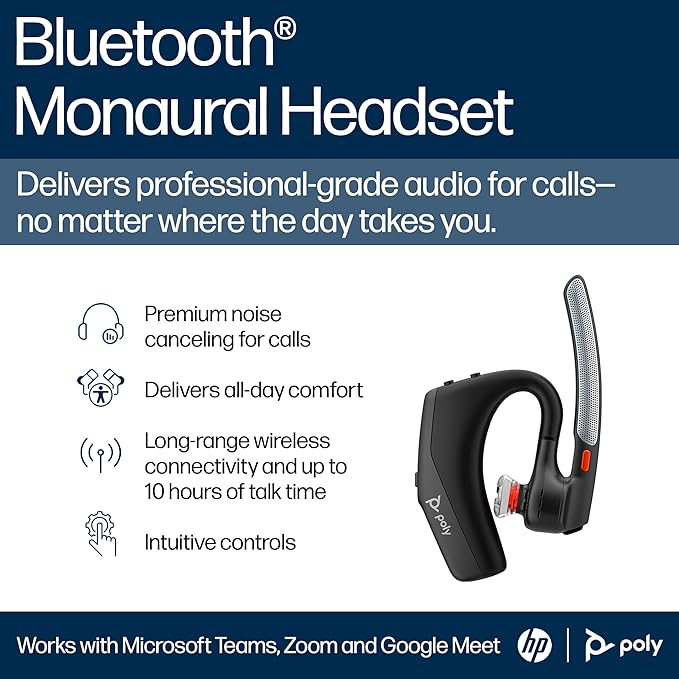 POLY HP Voyager Legend 30 - Bluetooth Monaural Headset - Discreet Boom & 4 Noise-Canceling Mics, WindSmart Technology, All-Day Comfort, Seamless Connectivity, Smart Sensors & Call Controls, Black-DeskLoop Office
