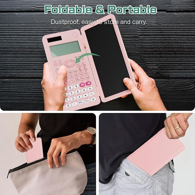 Rechargeable ROATEE 991ES MAX Scientific Calculators, CalcNote Multiview 4-Line Display with LCD Writing Tablet Notepad, Foldable Portable for Business High School College Students and Teacher(Pink)-DeskLoop Office