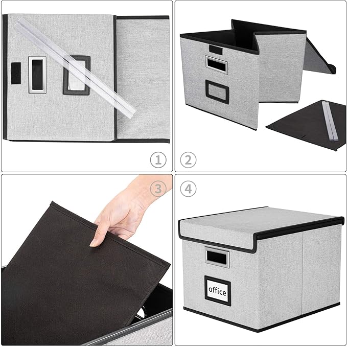 Huolewa Portable File Organizer Boxes Set of 4, Large Linen Hanging Office Document Storage Boxes with Lids, Collapsible Filing & Storage Boxes for Office/Decor/Home - 14.9 x 12.7 x 10.8 inch-DeskLoop Office