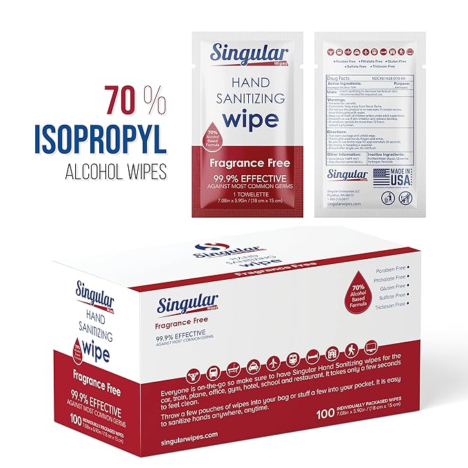 Hand Sanitizing Wipes Travel Size by Singular Wipes –100ct Individually Wrapped | Fragrance-Free, Moisturizing, 70% Isopropyl Alcohol Wipes | Travel, Home, Office, Daily Use | Made in USA-DeskLoop Office