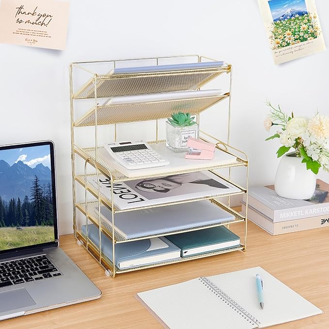 6-Tier Letter Tray Paper Organizer, Desk Organizers and Accessories, Desktop File Organizer, Office Desk Accessories for Office Supplies (Gold)-DeskLoop Office