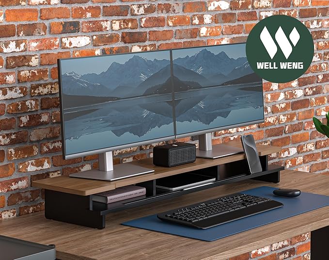 Monitor Stand Dual Monitor Stand Riser for Desk,Wood Desk Shelf Storage Organizer with Phone Tablet Holder (42.5 Inch, Black & Dark Bamboo)-DeskLoop Office