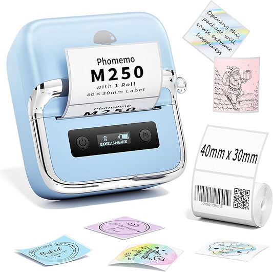 Phomemo M250 Label Maker, 3" Thermal Barcode & Address Printer - Portable Label Maker for Business, Home & Logos, Sticker Printer Compatible with Phones & PCs, with 100 Labels, 40x30mm-DeskLoop Office